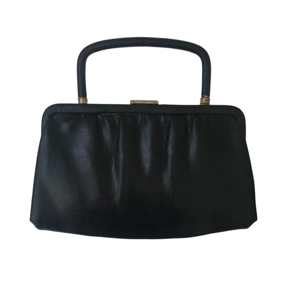Vintage Black Leather Handbag Purse With Gold-Tone Clasp & Handle Detail - Picture 1 of 6